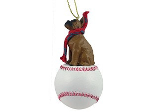 Tawny Boxer Dog on Baseball Christmas Ornament – Hand-Painted Stone Resin