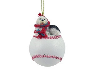 Old English Sheepdog on Baseball Christmas Ornament – Hand-Painted Stone Resin