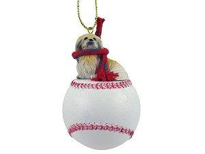 Pekingese Dog on Baseball Christmas Ornament – Hand-Painted Stone Resin