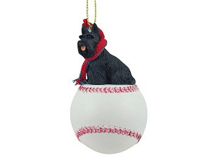 Black Scottish Terrier Dog on Baseball Christmas Ornament – Hand-Painted Stone Resin