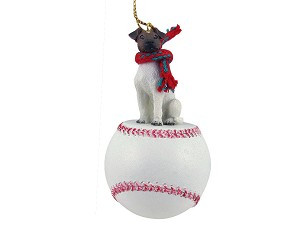 Brown & White Fox Terrier Dog on Baseball Christmas Ornament – Hand-Painted Stone Resin
