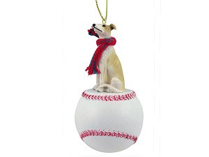 Tan & White Greyhound Dog on Baseball Christmas Ornament – Hand-Painted Stone Resin