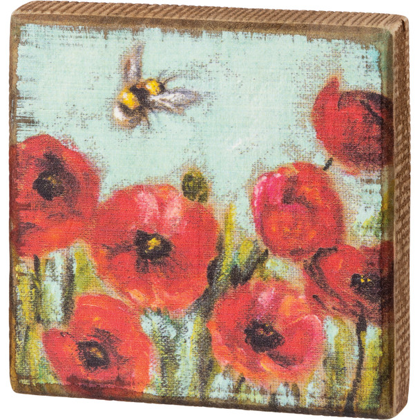Colorful Red Poppies & Bumblebee Decorative Wooden Block Sign 5x5 from Primitives by Kathy