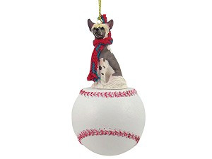 Chinese Crested Dog on Baseball Christmas Ornament – Hand-Painted Stone Resin