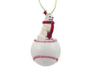 American Eskimo Dog on Baseball Christmas Ornament – Hand-Painted Stone Resin