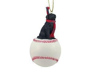 Black Flat Coated Retriever Dog on Baseball Christmas Ornament – Hand-Painted Stone Resin