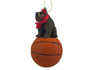 Brown Bear on Basketball Christmas Ornament – Hand-Painted Stone Resin