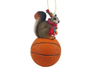 Red Squirrel on Basketball Christmas Ornament – Hand-Painted Stone Resin