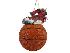 Basketball Guernsey Bull on Basketball Christmas Ornament – Hand-Painted Stone Resin