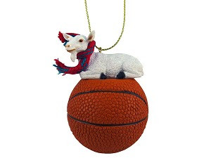 White Goat on Basketball Christmas Ornament – Hand-Painted Stone Resin