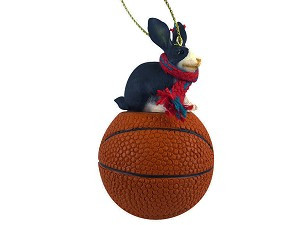 Black & White Rabbit on Basketball Christmas Ornament – Hand-Painted Stone Resin