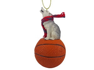 Gray Wolf on Basketball Hanging Ornament – Hand-Painted Stone Resin