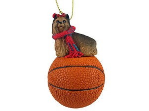 Yorkshire Terrier Dog on Basketball Christmas Ornament – Hand-Painted Stone Resin
