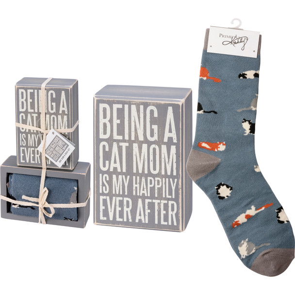 Being A Cat Mom Is Happily Ever After Decorative Wooden Box Sign & Socks Set from Primitives by Kathy