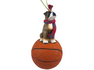 Brown Uncropped Ears Boxer Dog on Basketball Christmas Ornament – Hand-Painted Stone Resin
