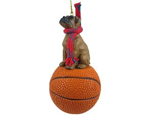 Tawny | Uncropped Ears Boxer Dog on Basketball Christmas Ornament – Hand-Painted Stone Resin