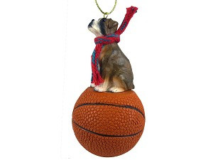 Brindle Uncropped Ears Boxer Dog on Basketball Christmas Ornament – Hand-Painted Stone Resin