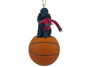 Black Sport Cut Poodle Dog on Basketball Christmas Ornament – Hand-Painted Stone Resin