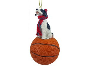 Black & White Pointer Dog on Basketball Christmas Ornament – Hand-Painted Stone Resin