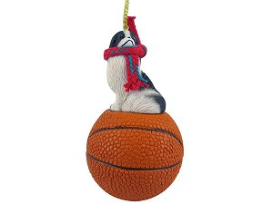 Black & White Japanese Chin Dog on Basketball Christmas Ornament – Hand-Painted Stone Resin