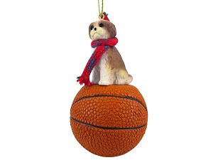 Tan Sport Cut Shih Tzu Dog on Basketball Christmas Ornament – Hand-Painted Stone Resin