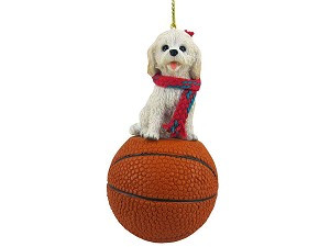 White Cockapoo Dog on Basketball Christmas Ornament – Hand-Painted Stone Resin