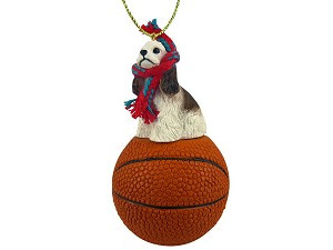 Brown & White Cocker Spaniel Dog on Basketball Christmas Ornament – Hand-Painted Stone Resin