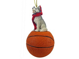 Gray & White Brown Eyes Husky Dog on Basketball Christmas Ornament – Hand-Painted Stone Resin