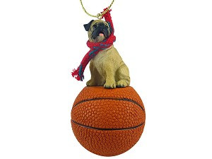 Fawn Pug Dog on Basketball Christmas Ornament – Hand-Painted Stone Resin