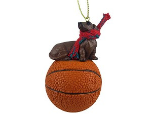 Red Dachshund Dog on Basketball Christmas Ornament – Hand-Painted Stone Resin