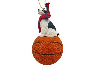 Black & White Springer Spaniel Dog on Basketball Christmas Ornament – Hand-Painted Stone Resin