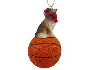 Sable Collie Dog on Basketball Christmas Ornament – Hand-Painted Stone Resin