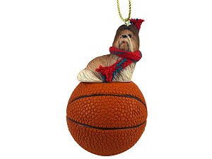 Tan Shih Tzu Dog on Basketball Christmas Ornament – Hand-Painted Stone Resin