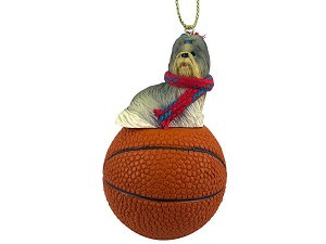 Mixed Color Shih Tzu Dog on Basketball Christmas Ornament – Hand-Painted Stone Resin