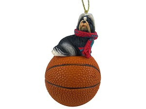 Black & White Shih Tzu Dog on Basketball Christmas Ornament – Hand-Painted Stone Resin