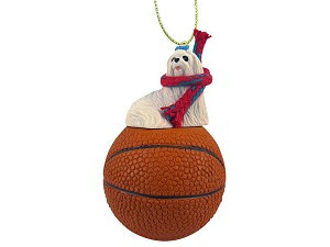 Maltese Dog on Basketball Christmas Ornament – Hand-Painted Stone Resin