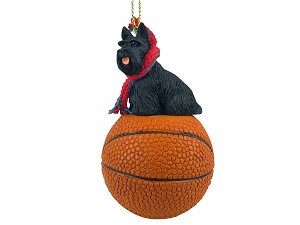 Black Scottish Terrier Dog on Basketball Christmas Ornament – Hand-Painted Stone Resin