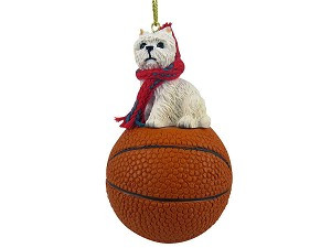 West Highland White Terrier Dog on Basketball Christmas Ornament – Hand-Painted Stone Resin