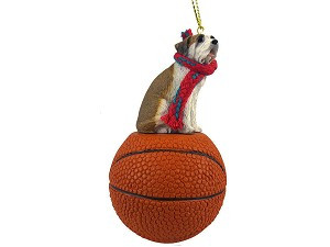 Smooth Coat Saint Bernard Dog on Basketball Christmas Ornament – Hand-Painted Stone Resin