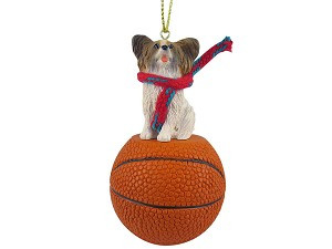 Brown & White Papillon Dog on Basketball Christmas Ornament – Hand-Painted Stone Resin