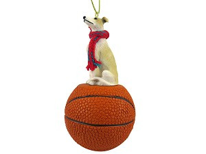 Tan & White Greyhound Dog on Basketball Christmas Ornament – Hand-Painted Stone Resin