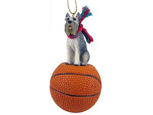 Gray Giant Schnauzer Dog on Basketball Hanging Ornament – Hand-Painted Stone Resin