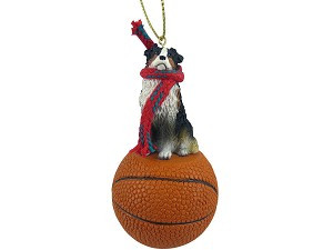 Tricolor Australian Shepherd Dog on Basketball Christmas Ornament – Hand-Painted Stone Resin