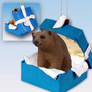 Brown Bear in Blue Gift Box Christmas Ornament – Hand-Painted Stone Resin