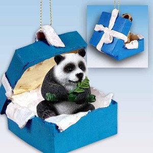 Gift Box Blue Panda in Blue Gift Box Christmas Ornament – Hand-Painted Stone Resin