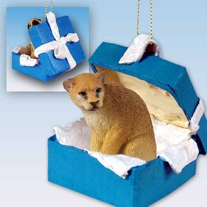 Cougar in Blue Gift Box Christmas Ornament – Hand-Painted Stone Resin