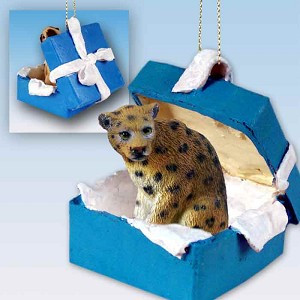 Leopard in Blue Gift Box Christmas Ornament – Hand-Painted Stone Resin