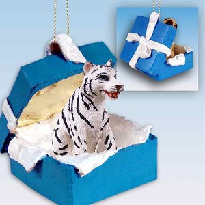 White Tiger in Blue Gift Box Christmas Ornament – Hand-Painted Stone Resin