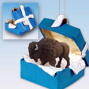 Buffalo in Blue Gift Box Christmas Ornament – Hand-Painted Stone Resin