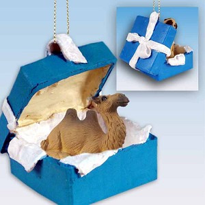 Camel Bactrian in Blue Gift Box Christmas Ornament – Hand-Painted Stone Resin